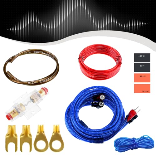 Abnaok Juego de cables para amplificador de coche 10 GA, juego de conexiones, amplificador de cable amplificador de 1500 W, cable de audio para coche, kit de instalación de amplificador de coche