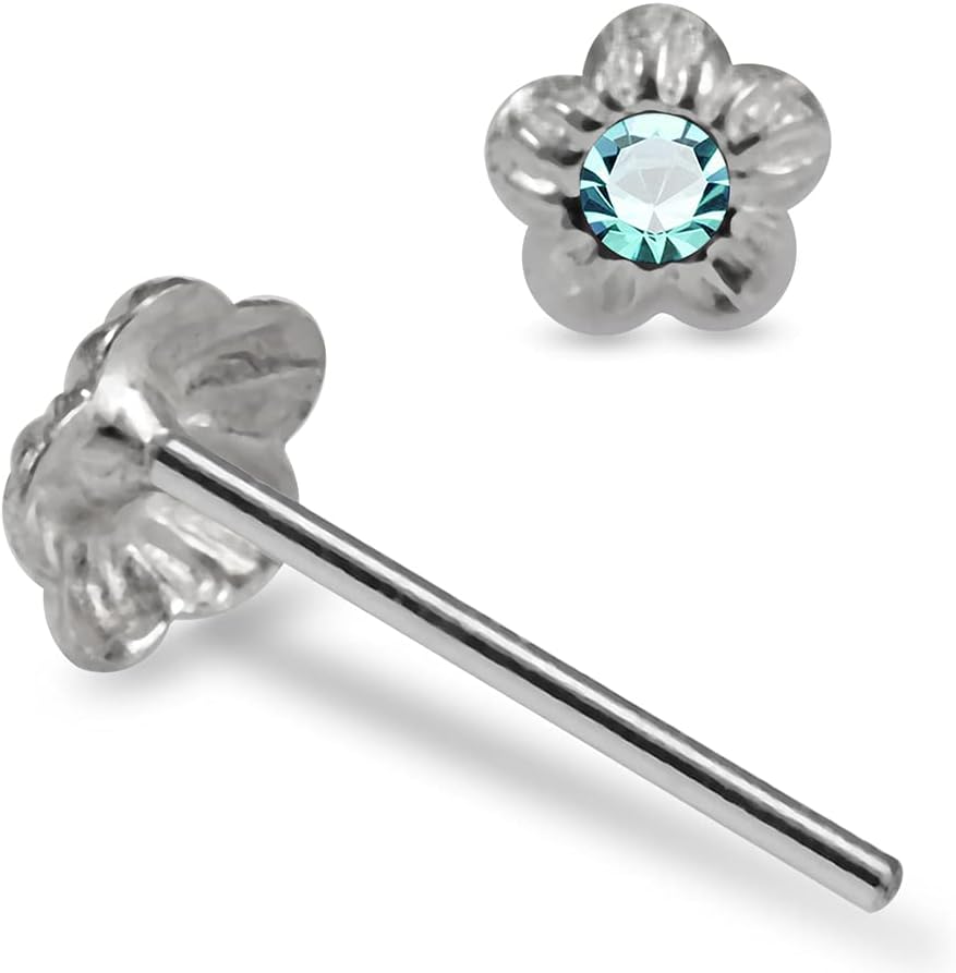 Crystal Stone Tiny Embossed Flower 22 Gauge 925 Sterling Silver Straight Nose Pin - Nose Stud - Tiny Nose Ring - Nose Piercing Body Jewelry