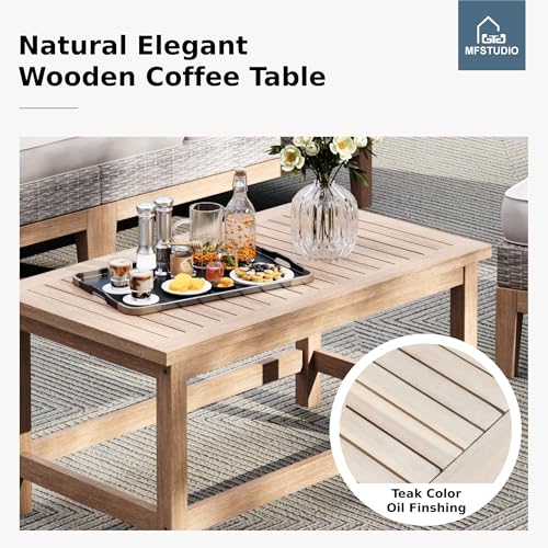 MFSTUDIO Wicker Patio Furniture Set, All Weather Rattan Outdoor Conversation Set with 2 Ottomans, 5 Pieces Patio Sectional Modular Sofa Couch Set with Wood Coffee Table, Beige Cushions - Thumbnail 6