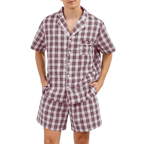 Marvmys Mens 100% Cotton Pajama Set Sleepwear Short Sleeve Pj Set Button Down Lounge Set Plaid Pajamas S-3XL Large Wine Red Plaid