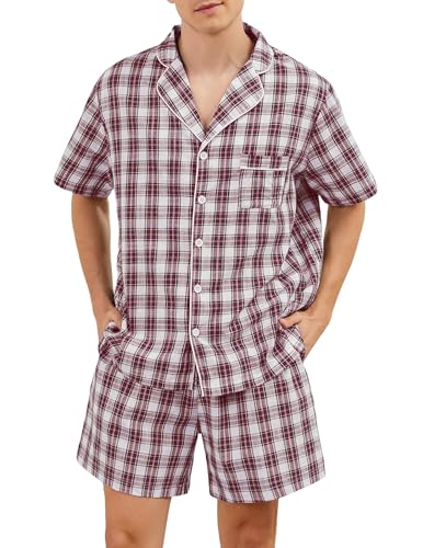 Marvmys Mens 100% Cotton Pajama Set Sleepwear Short Sleeve Pj Set Button Down Lounge Set Plaid Pajamas S-3XL