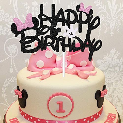 Black Glitter Minnie Inspired Happy Birthday Cake Topper With Pink Bows And White Gloves Girls Birthday Party Decorations Supplies #TOP6