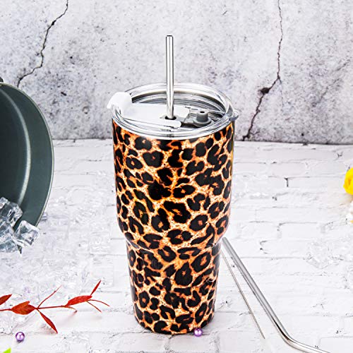 Image of 30oz Leopard Tumbler Stainless Steel Insulated Travel Mug with Straw Lid Cleaning Brush (30 oz Leopard)