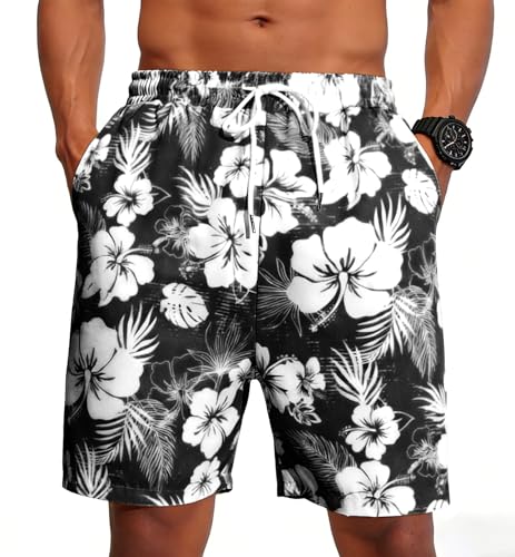 Mens Hawaiian Shorts Tropical Beach Pants Floral Trousers Swim Trunks Summer Drawstring Pocket Elastic Waist Black L