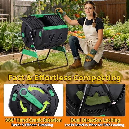 JupiterForce Compost Bin 53 Gallon Dual Chamber Compost Tumbler, Outdoor Large Tumbling Rotating Composter with 2 Sliding Doors, Steel Frame and Gardening Gloves for Backyard Garden - Image 3