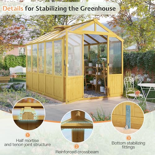 Jocisland 6x8x6.5 Ft Wooden Greenhouse, Pre-Assembled Solid Cedar Frame, Walk-in Design, Lockable Door, Adjustable Roof Vents, Polycarbonate Panels for Outdoor, Garden, Backyard - Image 7