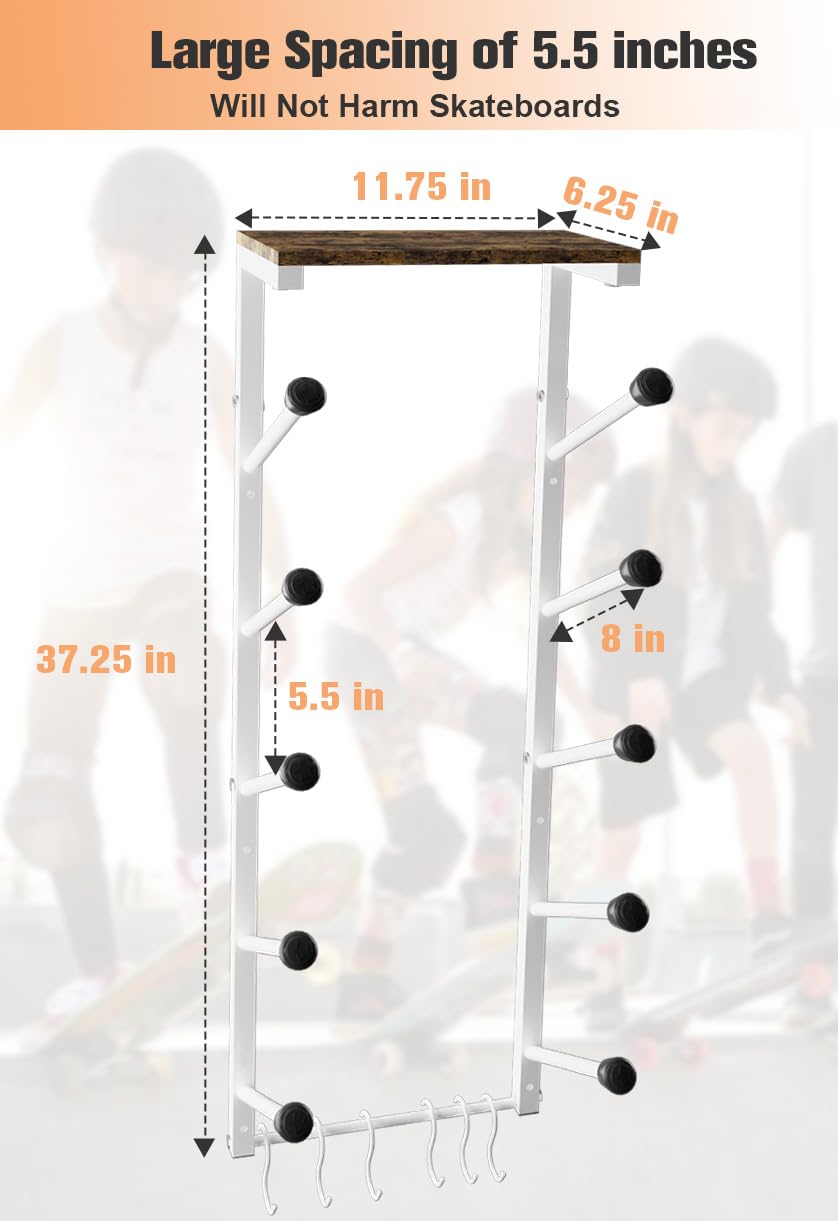 Koutemie Soporte de pared para monopatín con soporte de cinco capas para almacenamiento de tablas de longboard, soporte de pared para monopatín con 6 ganchos para el hogar o el garaje