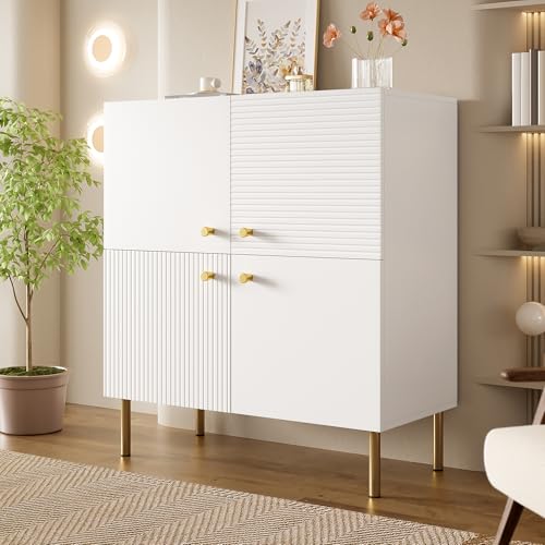 BENMWS Aparador moderno de MDF con asas de aleación de zinc y patas de acero, color blanco, 80 x 36 x 90 cm, elegante mueble de almacenamiento para salón, dormitorio y pasillo