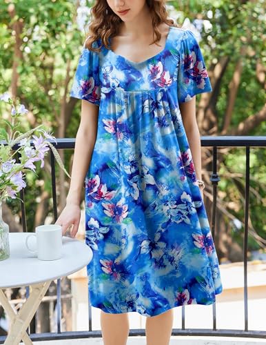 Image of Ekouaer Women's House Dress - Pleated Nightgown with Short Sleeves & Pockets