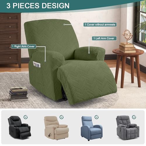 Image of Ruaozz Recliner Chair Covers 3-Pieces Lazy Boy Recliner Slipcovers Stretch Reclining Chair Slipcover Washable Furniture Protector with Elastic Bottom (1 Seater, Army Green)