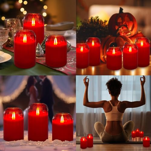 Image of LEDHOLYT Rechargeable Flameless Candle, Flashing LED Pillar Real Wax Candle with Remote Control and Timer, Red Glass Electronic Candles for Room Decoration, 1 Set of 3