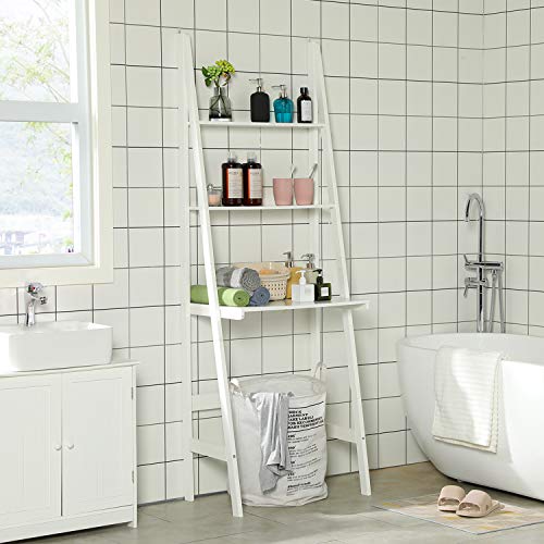 Itaar 3-Tier Ladder Desk, Ladder Stand Shelf Bookcase with Storage Shelves, Study Wall Shelf with Wooden Frame, Modern Ladder Computer Desk and Bookshelf for Home Office, White