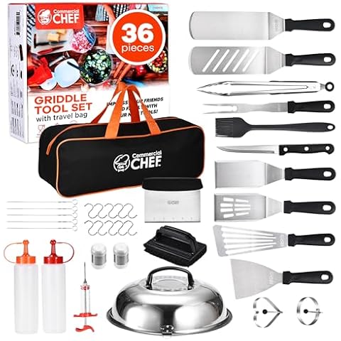 Commercial Chef 36PC Griddle Accessories Kit – Flat Top Grill Accessories Hibachi Spatula Set for Weber and Blackstone Griddles, Breakfast Tools, Basting Cover, Cleaning Brush for Outdoor BBQ Cover