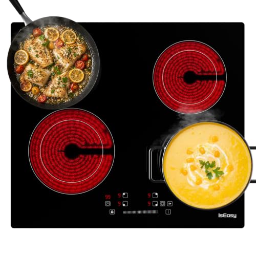 IsEasy Placa de vitrocerámica 4 Fuegos 6600 W 60 cm 9 niveles de potencia、Botón de pausa、Protección por Sobrecalentamiento