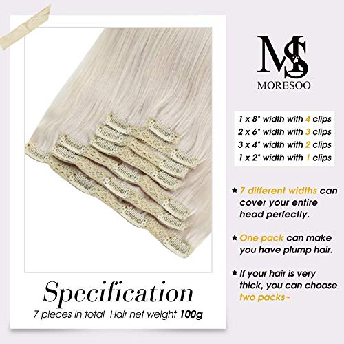 Moresoo Bundle Clip+Sew In Blonde Hair Extensions 22 Inch Remy Human Hair Color #60A White Blonde (120G+100G) Full Head Hair Extensions #TOP1