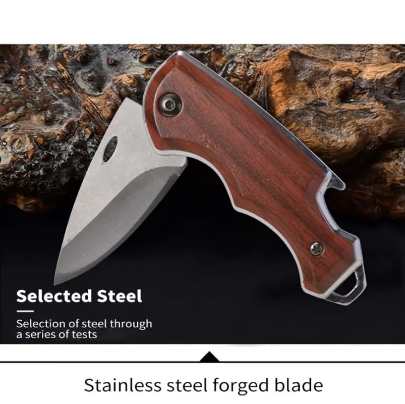 Image of Wizbiz Manual Folding Knife for Kitchen | 3 mm Thick Stainless Steel Blade with Wooden-Look Plastic Handle with Bottle Opener | Multipurpose Kitchen Knife