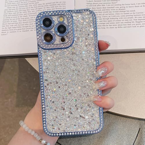 Coque iPhone 14 Pro brillante antichoc paillettes diamants bleu
