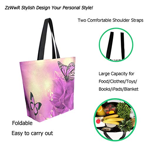 Zzwwr 3D Beautiful Spring Primula Flowers Purple Butterfly Extra Large Canvas Shoulder Tote Top Storage Handle Bag For Gym Beach Weekender Travel Reusable Grocery Shopping #TOP2