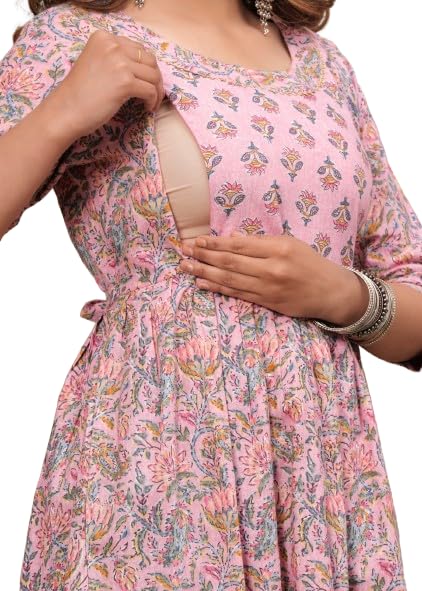 Women's Cotton Floral Maternity Nursing Kurti with Zipper, Pregnancy Breastfeeding Dress, Trendy Comfortable Wear