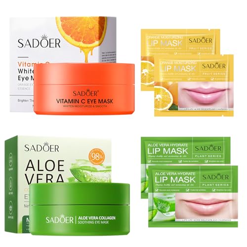 124 Pezzi Aloe Vera Maschera Occhi e Lip Masks, Vitamina C Patch Occhi e Maschera per le Labbra, Pach occhi per Borse e Occhiaie, per Ridurre le Rughe e il Gonfiore, Contorno Idratante