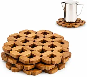 Kit 4 Descansos de Panela em Bambu Natural Articulado – Proteção Térmica para Mesa/Bancada – Design Premium, Protege Mesa e Suporta Altas Temperaturas - Eco & Estiloso para Cozinha.
