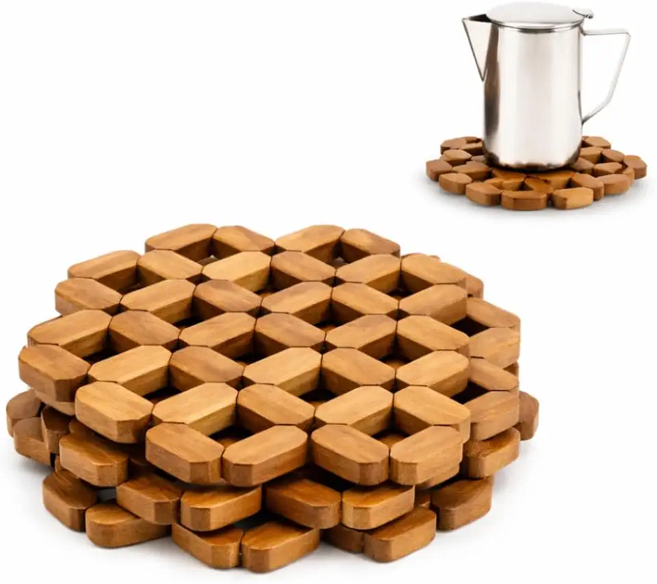 Kit 4 Descansos de Panela em Bambu Natural Articulado – Proteção Térmica para Mesa/Bancada – Design Premium, Protege Mesa e Suporta Altas Temperaturas - Eco & Estiloso para Cozinha.