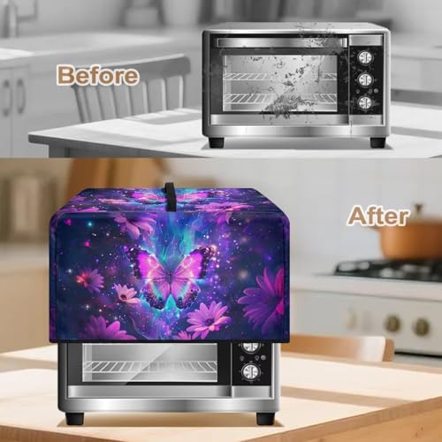 Image of Microwave Oven Dustproof Cover Machine Washable Convection Oven Cover Protector Compatible with Various Small Kitchen Appliances, L, Butterfly Daisy Galaxy Violet Blue