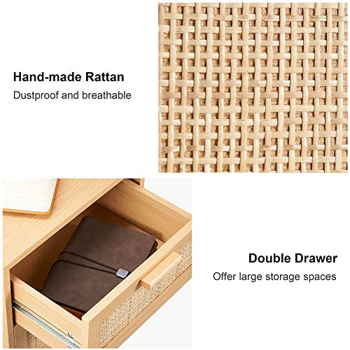 SIMFLAG Rattan Nightstand,Bedside Table with 2 Rattan Drawers, End Table with Storage, Light Wood Accent Table for Living Room Bedroom,Natural - Image 4
