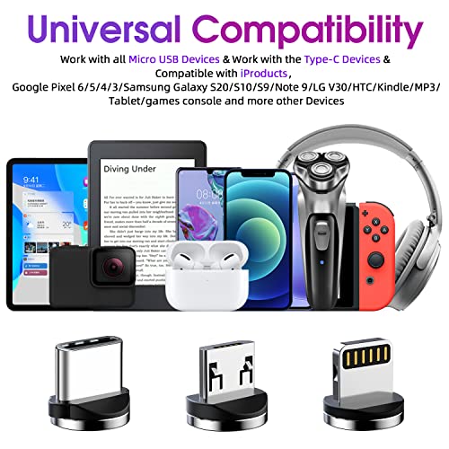 Magnetic Charging Cable [3-Pack,10Ft/10Ft/10Ft] 540° Rotating Magnetic Phone Charger 3 In 1 Magnetic Usb Cable With Led Light Nylon Braided Magnetic Charger For Iphone/Micro Usb/Type C Device-Purple #TOP5