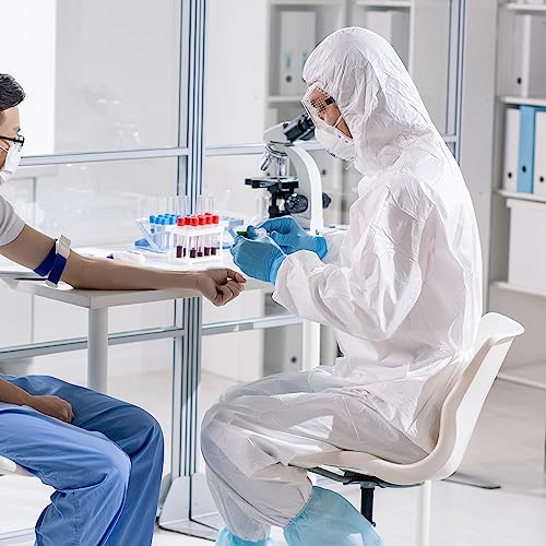 AMZ Disposable Coveralls with Hood, X-Large. Pack of 5 White Microporous Lab Coveralls Disposable. 60 GSM Painters Suit Disposable with Storm Flap Zipper Cover. Painters Suit Disposable. Hazmat Suit