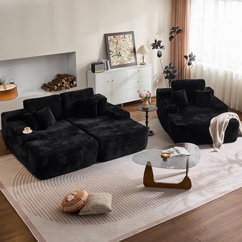 Image of HOOOWOOO Cloud Sectional Couches for Living Room,Modular Sectional Sofa No Assembly,Plush Corduroy Large Floor Couch Furniture Set with Deep Seat Double Chaise and Singlar Lounge(Black)