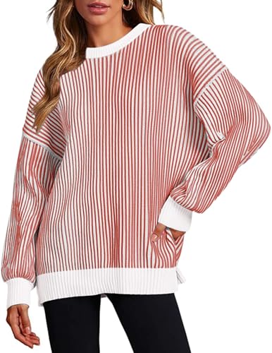 Image of Zeagoo Women 2026 Fall Lightweight Oversized Sweater Crew Neck Long Sleeve Color Block Pullover Rib Knit Blouse Tops XS-2XL