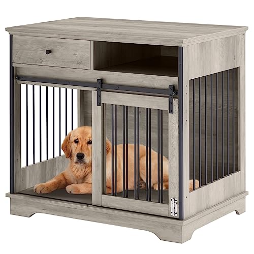 Tcenlon Dog Crate Furniture - 35" Dog Crate Table With Drawers, Dog Crate End Table For Large Dog, Medium Dog, Small Dog(Grey) #TOP21