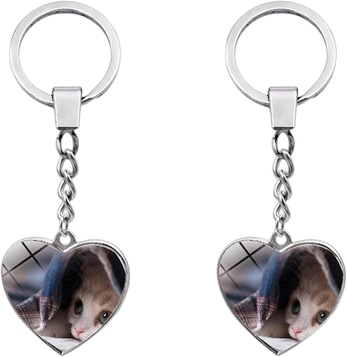 FUKAJOMFEN Portachiavi con ciondolo a forma di cuore e gatto, per donne e ragazze, gioielli fatti a mano, accessorio per borsa, Blu