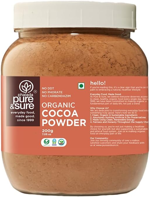 Pure & Sure Organic Cocoa Powder 200G | 100% Pure & Natural with 18.7g Protein| Unsweetened & Dark Flavor | Ideal for Cake, Baking, Hot Chocolate, Milkshake & More