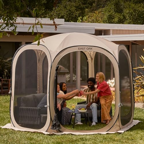 Image of East Oak Screen House Tent Pop-Up, Portable Screen Room Canopy Instant Screen Tent 10 x 10 FT with Carry Bag for Patio, Backyard, Deck & Outdoor Activities, Brown