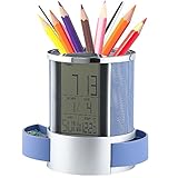 Sorive Multifunctional Pen Holder Pencil Container Digital LED Desk Clock Mesh with Calendar Timer Alarm Clock Thermometer 2 Small Drawer SRI01826(Blue)