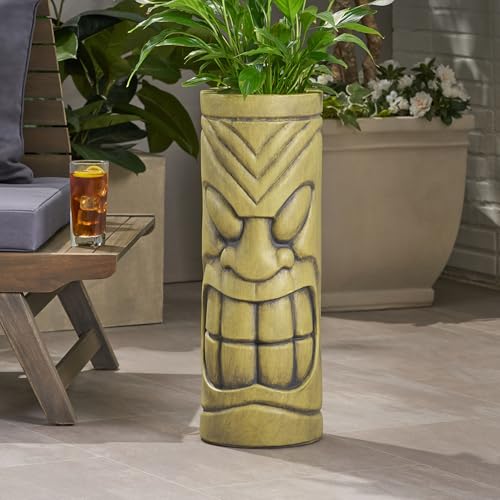 Christopher Knight Home Jorine Lightweight Concrete Planter, Cast Stone Planter, Tiki Totem Urn, Tall Plant Pot, Polynesian Garden Pot with Drainage Hole for Backyard Hall Garden, Antique Green