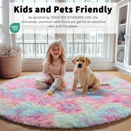 ONASAR Rainbow Round Area Rugs 5ft, Soft Bedroom Circle Rug Mats for Kids Girls Teen Room, Kawaii Fluffy Plush Shaggy Carpet for Dorm Nursery Living Room Playroom Home Decor Princess Castle by ONASAR - Used condition - Image 4