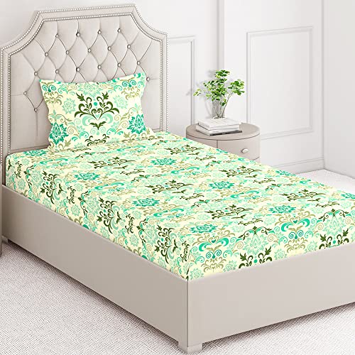 Image of Layers 100% Cotton Bedsheet for Single Bed with 1 Pillow Cover (Ethnic Pattern, Green) Light Weight, Breathable, Moisture Absorbent, All Season Comfort, Classic Collection