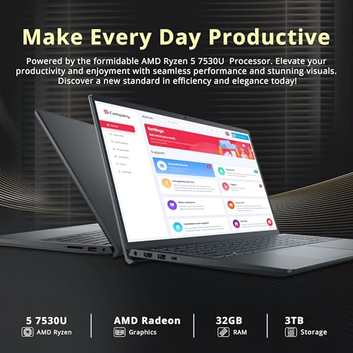 Image of Dell Inspiron 15.6 inch FHD Touchscreen Laptop, AMD Ryzen 5 7530U, 32GB RAM, 3TB Storage(2TB SSD+1TB Docking Station Set), AMD Radeon Graphics, Wi-Fi 5, Numeric Keypad, Win 11 Pro, Black