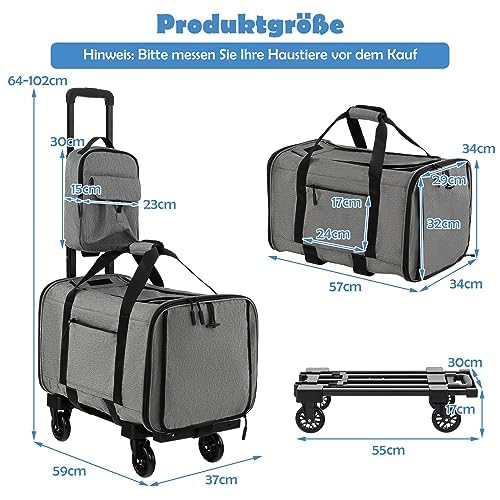 FANTASK Transportbox Mobil, Transporttasche mit Teleskopgriff & Rädern & kleine Tasche, klappbare Reisebox für kleine & mittelgroße Haustiere