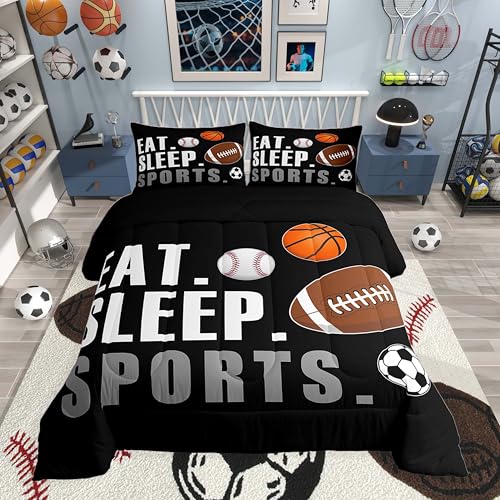 Image of Feelyou Twin Size Sports Comforter Set Boys Girls Bedding Set for Sports Lover Gift Ultra Soft Football Soccer Basketball Baseball Quilt Breathable Lightweight Microfiber Black Ball Game Room Decor