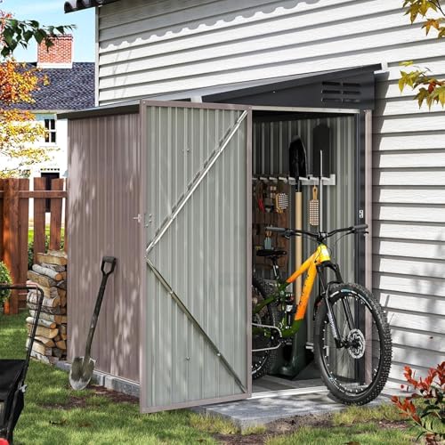 Aoxun 4x6 FT Lean to Shed Garden with Sloped Roof Metal Storage Shed with Lockable Doors & Single Door Outdoor Bike Shed for Backyard Patio Poolside (Brown)