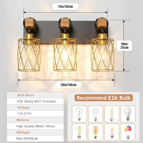 Image of IZORRO Farmhouse Bathroom Vanity Light, 3-Light Wood Bathroom Light Fixtures Over Mirror, Black and Gold Industrial Vanity Lights with Metal Shade, Rustic Restroom Lighting Fixtures