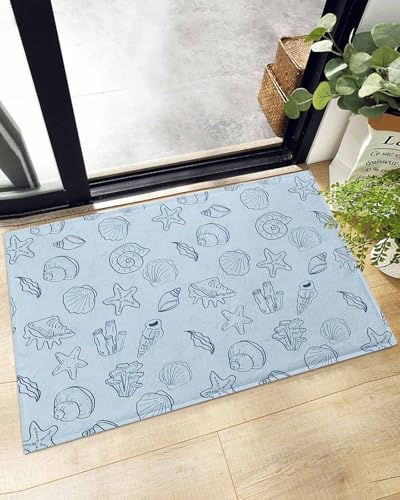 Indoor Doormat Ocean Shell Conch Starfish Seaweed,Shaggy Floor Mat with Non-Skid Backing Summer Marine Life on Blue,Machine Washable Plush Area Rug Carpets for Kitchen Nursery Bedroom