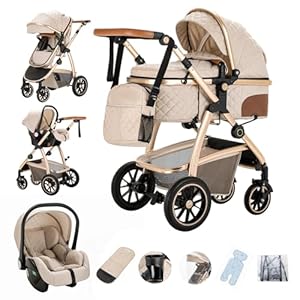 Gcarebb 3 in 1 Kinderwagen, Buggy Mit Auto Babyschale, Mit Höhenverstellbarer Kinderwagen Komplettset, KombiKinderwagen Mit Aluminiumrahmen für Neugeborene 0-4 Jahre