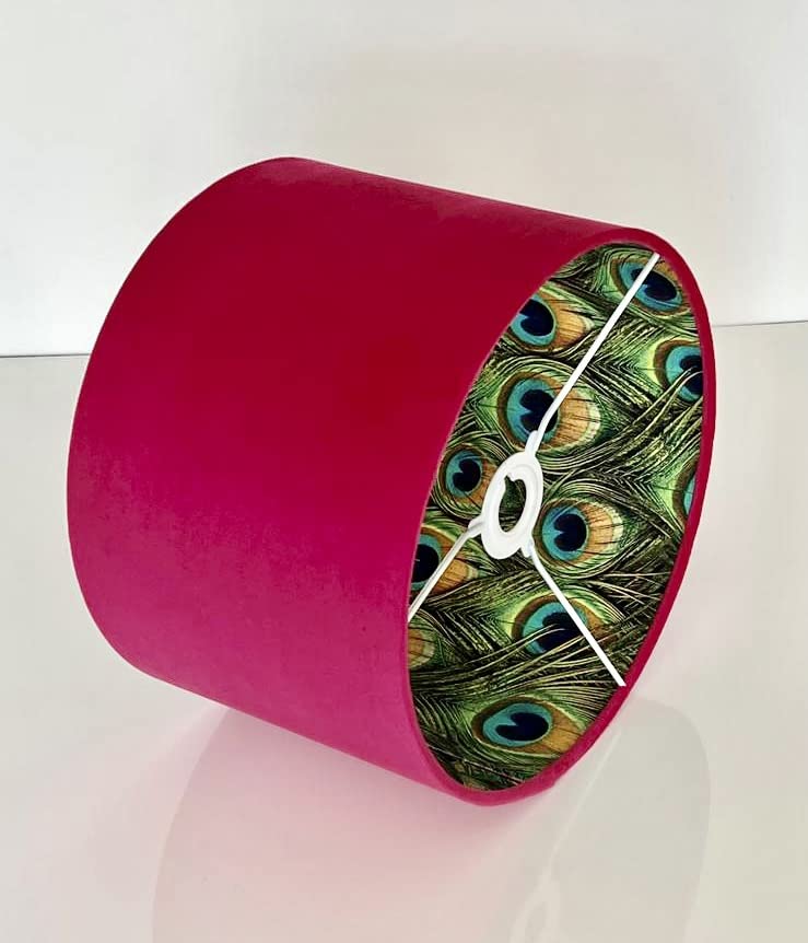 New Luxury hot Pink Velvet lamp Shade Double Sided with Peacock Feather Print Combination Pendant Light Shade