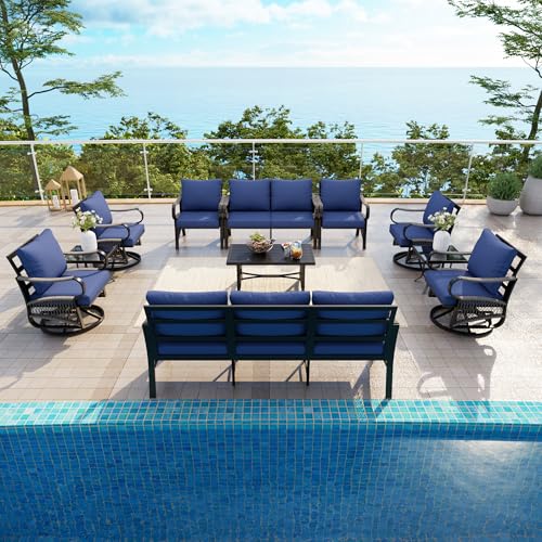 Image of 11 Pieces Patio Conversation Sets, All-Weather Metal Swivel Rocking Chairs with Rope Furniture Set, Outdoor Sofa Couch for Deck, Porch, Garden, Backyard, Poolside (Blue Cushions)