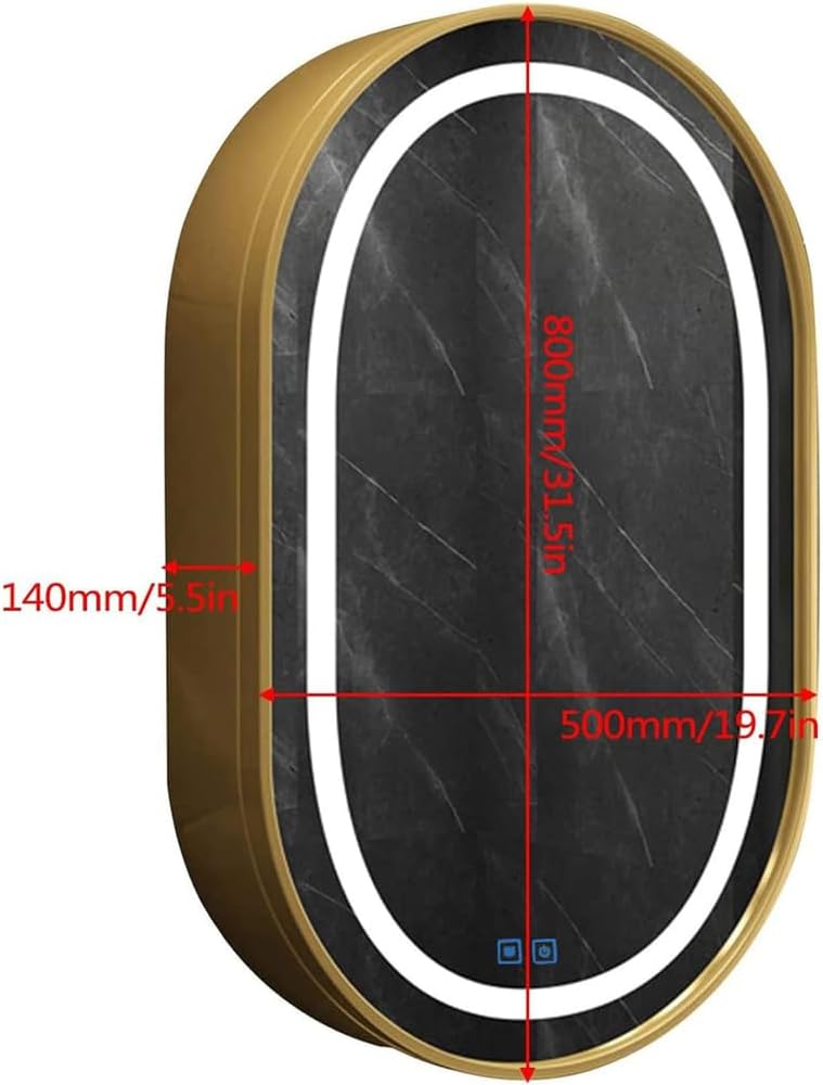 ZTGL Oval Medicine Cabinet with Mirror, Bathroom Mirror with 3 Shelves Storage, Aluminum Alloy Bathroom Cabinet with Mirror, Wall Mounted Storage Cabinet, with LED Light,Black,50x80cm